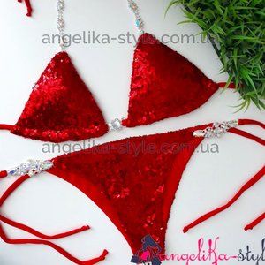 Red Sequin Triangle Top Bikini with Jeweled Straps